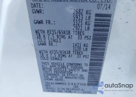 2014 Infiniti Qx60 z USA, uszkodzony, nr VIN 5N1AL0MM9EC546709